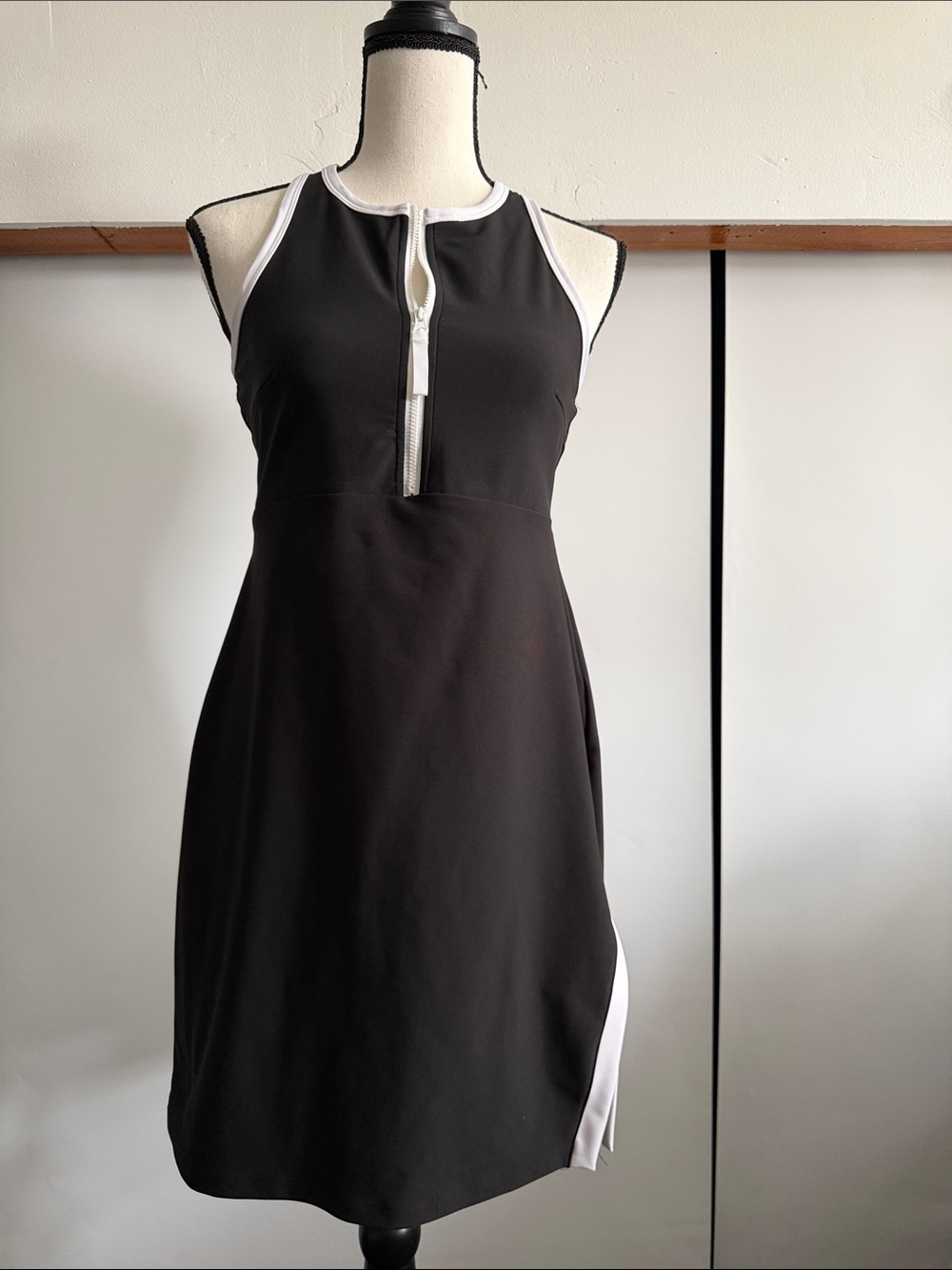Sage Black and White Zip-Front Sleeveless Mini Dress